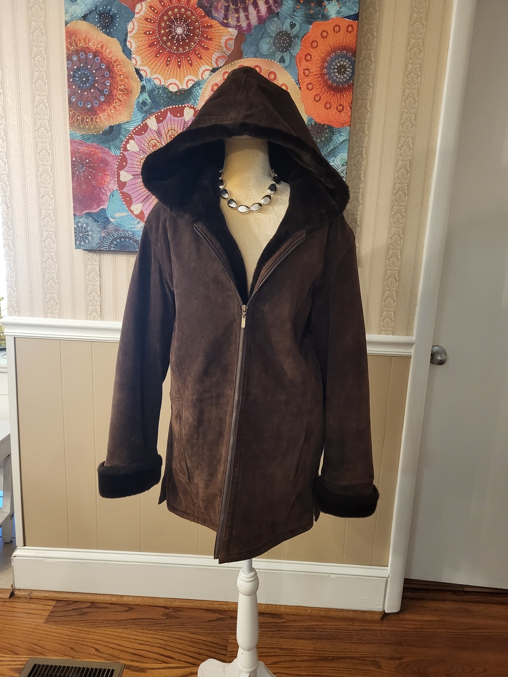 Tailor B. Moss Dark Brown Hooded Suede Shearling Coat, Size L